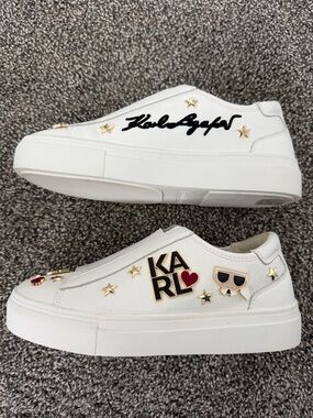 Karl Lagerfeld White Sneakers with Gold and Red Details Sz 6